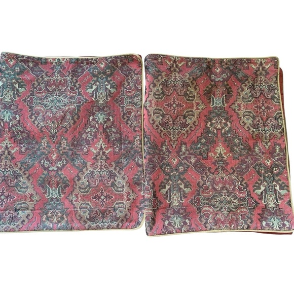 2 Vintage King Size 18 x 33” Woven Tapestry Crimson Cream Trim Pillow Covers - Picture 2 of 16